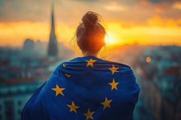 Girl with European Flag at Sunset