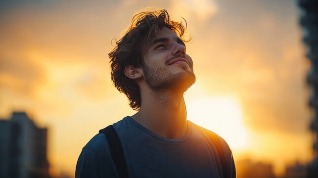 Contemplative Young Man Silhouette at Dramatic Sunset with Golden Light in Urban Landscape