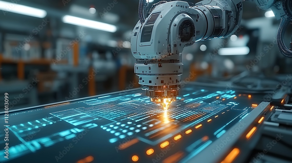 Aufkleber robotic arm performing precision task on digital screen in futuristic factory.