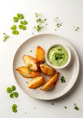 A plate of crispy potato wedges garnished with herbs and served with a green dip, styled with clover accents on a light beige background, leaving space for text