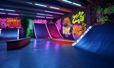 Neon-lit indoor skate park with graffiti walls and ramps. - Powered by Adobe