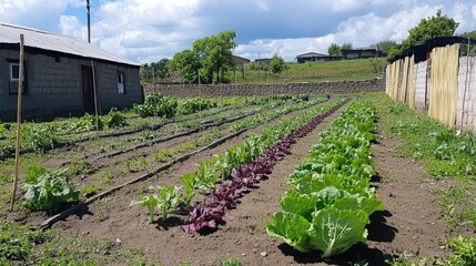 Fresh Organic Vegetable Garden with Lush Green Plants in Rural Setting