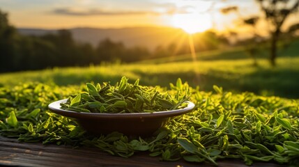 A bowl of green tea leaves with a stunning sunrise over a meadow