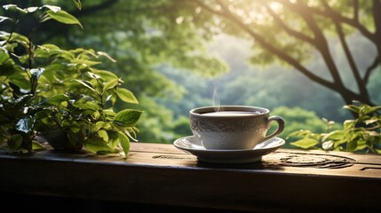 A steaming cup of green tea with the sun rising over a tranquil garden