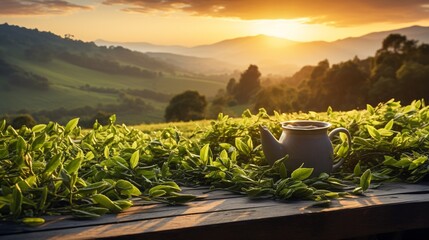 Green tea leaves on a wooden table with a breathtaking sunrise over green fields