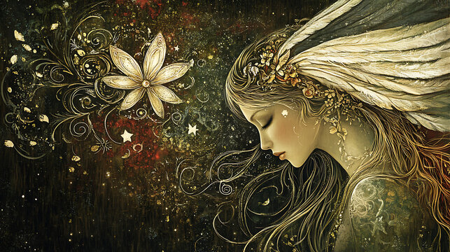 serene maiden with flowing hair and delicate wings, surrounded by floral elements