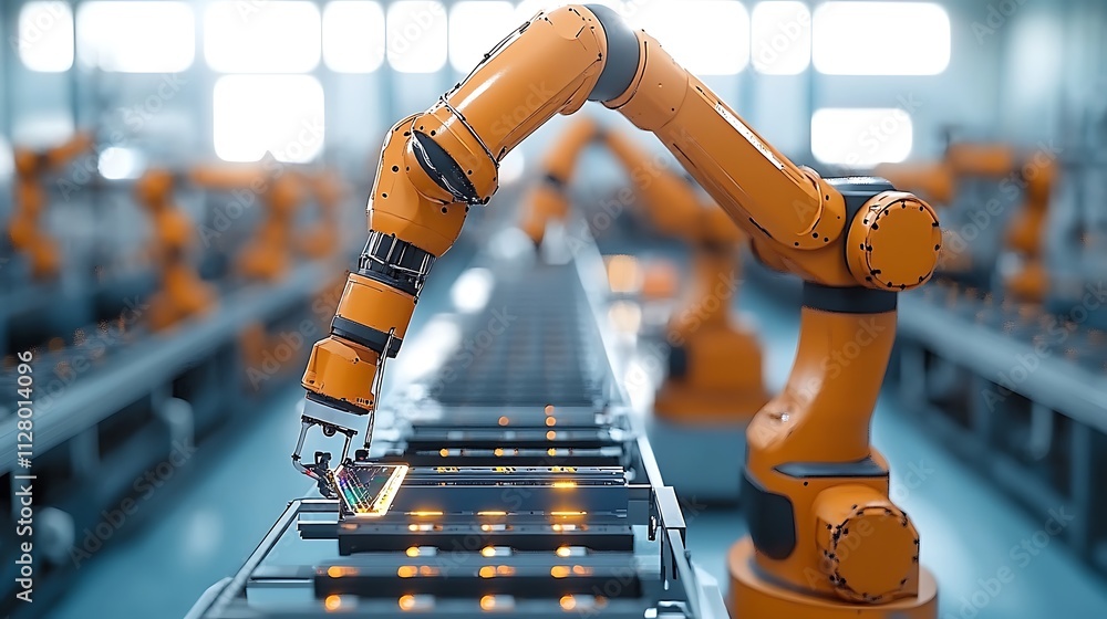 Poster robotic arms assembling products on a factory assembly line.