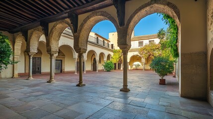 Sunlit courtyard, arched colonnades, stone paving.