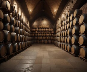 Rows of old wooden wine barrels in triangular formation in cellar, old, wine