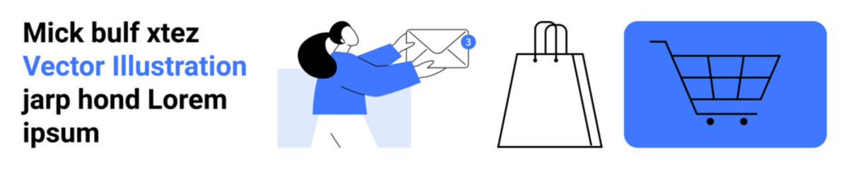 Woman holding an envelope showing email notification, next to a shopping bag and a shopping cart icon. Ideal for online shopping, digital communication, e-commerce, customer service, marketing, sales