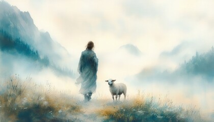 Obraz premium Watercolor Painting of Jesus Walking with a Lamb in a Misty Meadow