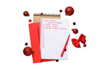 PNG, new year's resolutions, notebook with new year's decor, isolated on white background.