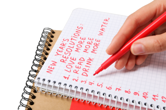 PNG, new year's resolutions, notebook with new year's decor, isolated on white background.