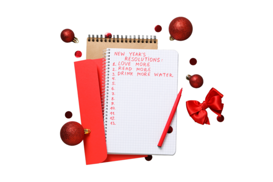 PNG, new year's resolutions, notebook with new year's decor, isolated on white background.