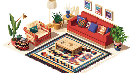 Bohemian living room with colorful decor, plants, and cozy furniture