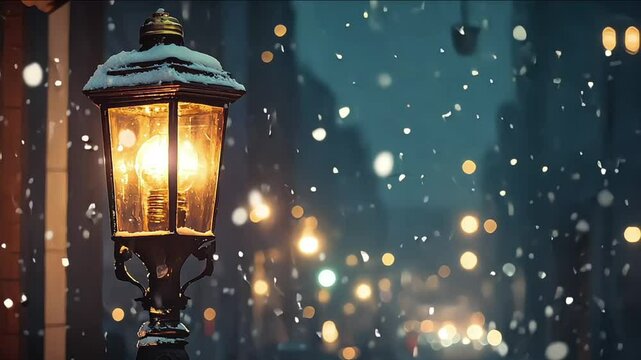 A charming street lamp adorned with festive decorations glows warmly amidst falling snowflakes, creating magical winter atmosphere filled with colorful bokeh lights