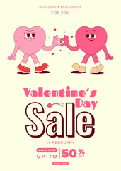 Happy Valentines Day sale flyer with cute walking couple heart character in retro groovy style. Vector illustration for poster, brochure, banner, card, special offer