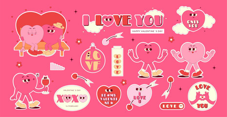 Retro groovy stickers set for Happy Valentines Day. Lovely heart characters in trendy retro 70s 80s style. Love concept. Vector elements on pink background