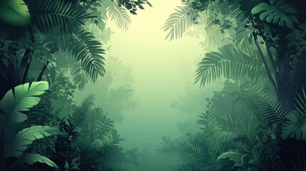Lush green tropical jungle foliage with misty background.