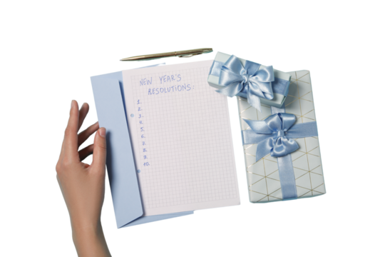 PNG, new year's resolutions, notebook with new year's decor, isolated on white background.