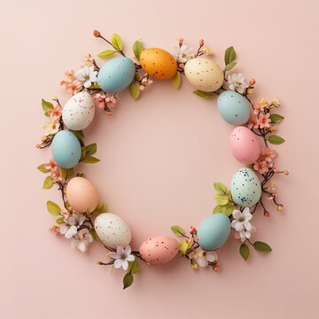 easter egg blossom wreath frame with blank empty space for text isolated on plain pink colour studio background