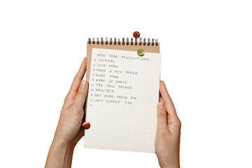 PNG, new year's resolutions, notebook with new year's decor, isolated on white background.