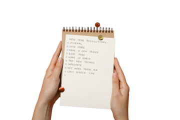 PNG, new year's resolutions, notebook with new year's decor, isolated on white background.