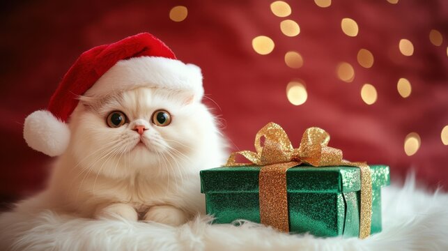 Persian cat wearing a tiny red Santa hat, lounging next to a shiny green gift box with golden ribbons, on a white fur table, against a bold crimson background with golden sparkles, Christmas 