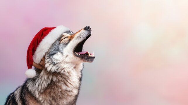 Majestic wolf howling in santa hat pastel background animal art