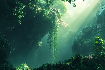 Fototapeta premium A serene jungle scene with sunlight filtering through lush greenery and cascading vines.