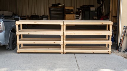 Wooden Shelving Unit in Garage Setting with Clean Background Space