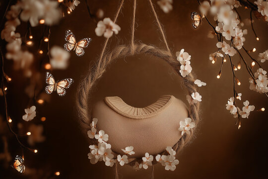 Decorated hanging object surrounded by flowers and butterflies in soft lighting Newborn backdrop