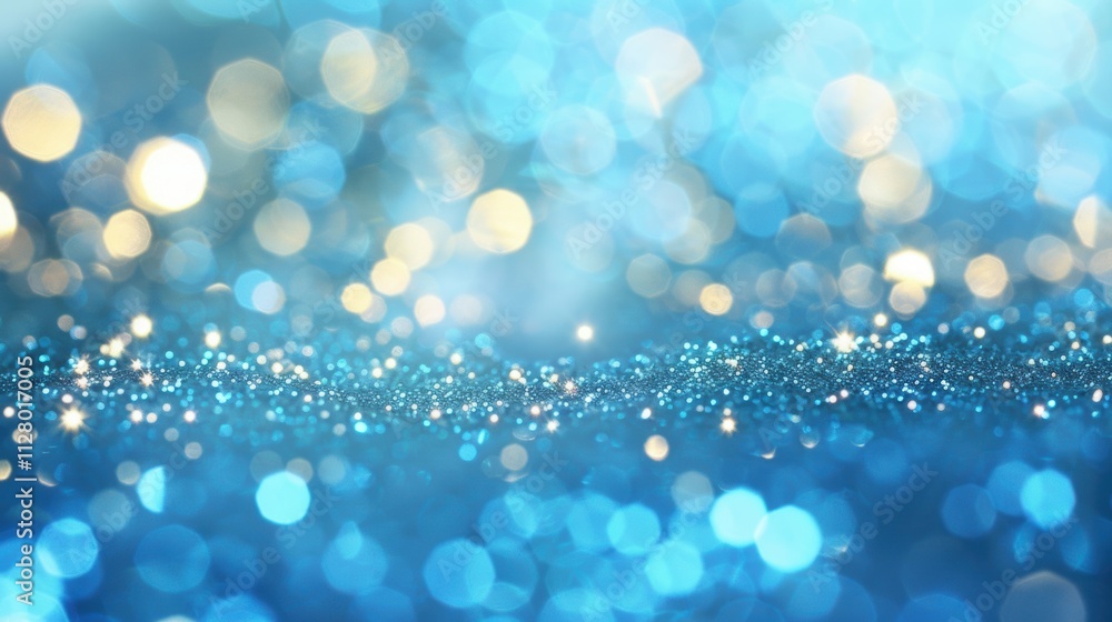 Aufkleber glittering blue particles scatter under soft bokeh lights, creating a festive and enchanting ambianc