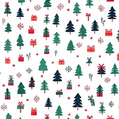 Festive holiday pattern design featuring trees and gifts seasonal celebration digital art whimsical environment overhead view christmas spirit