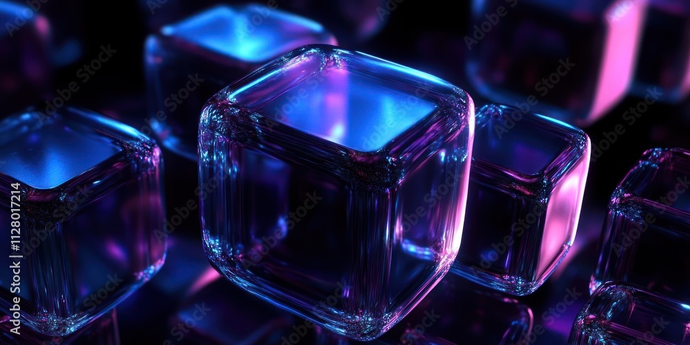 Poster futuristic abstract composition of transparent cubes with neon lights on dark background