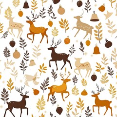 Naklejka premium Autumn wildlife patterns featuring deer and foliage nature illustration playful environment vibrant colors artistic concept