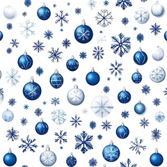 Festive blue and white ornaments and snowflakes winter wonderland digital artwork bright background aesthetic view holiday spirit