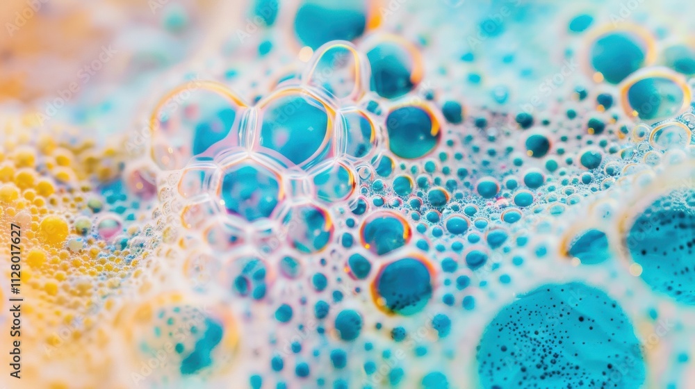 Poster bright and vibrant soap bubbles and foam create intricate patterns in water, showcasing a blend of c