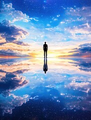 Man standing on infinite mirrored lake at sunset cinematic scene
