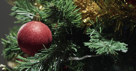 A red Christmas ornament hangs on a festive tree