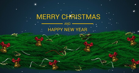 Image of snow falling over merry christmas text