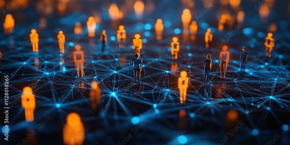 Aufkleber futuristic digital art of crowds in a networked world with miniscule figures and illuminated grid