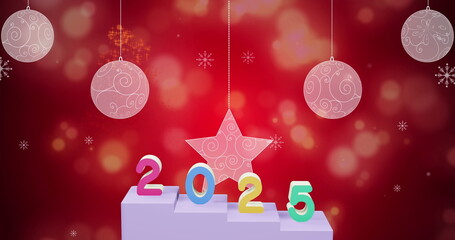Image of 2025 text and christmas decorations in background