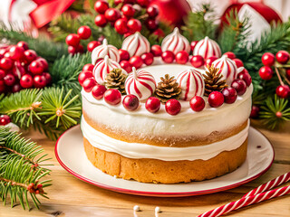 Wonderful Festive holiday cake with red and white decorations. Delicious Food Background
