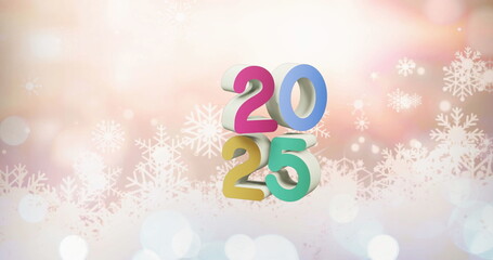 Image of 2025 text and christmas decorations in background
