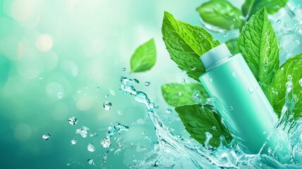 Ultra-realistic toothpaste tube ad with fresh mint leaves, splash effects, and vibrant background

