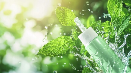 Ultra-realistic toothpaste tube ad with fresh mint leaves, splash effects, and vibrant background
