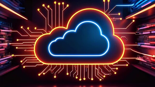 A stylized cloud symbol surrounded by digital circuitry, representing cloud computing technology.