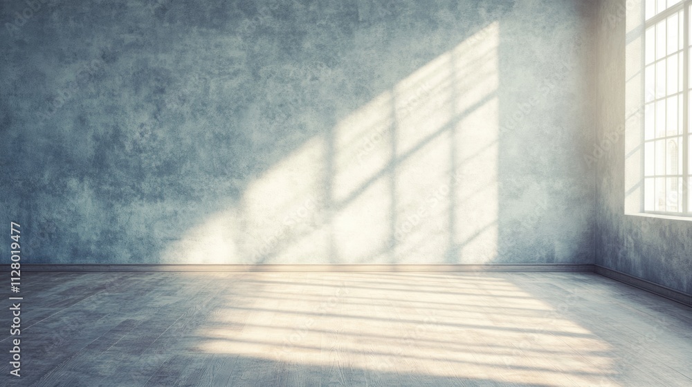 Poster sunlight filters through large windows in a spacious, elegant room, casting intricate shadows on the