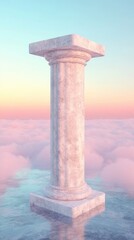 A tall, elegant pedestal emerges from dreamy clouds, bathed in warm pastel colors at the edge of dusk, creating a tranquil atmosphere